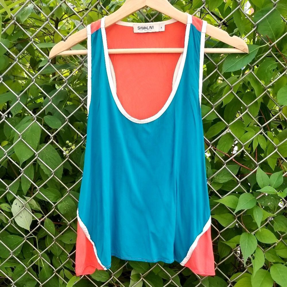Sam & Lavi Turquoise and Tangerine Orange Color Block Racer Back Tank S